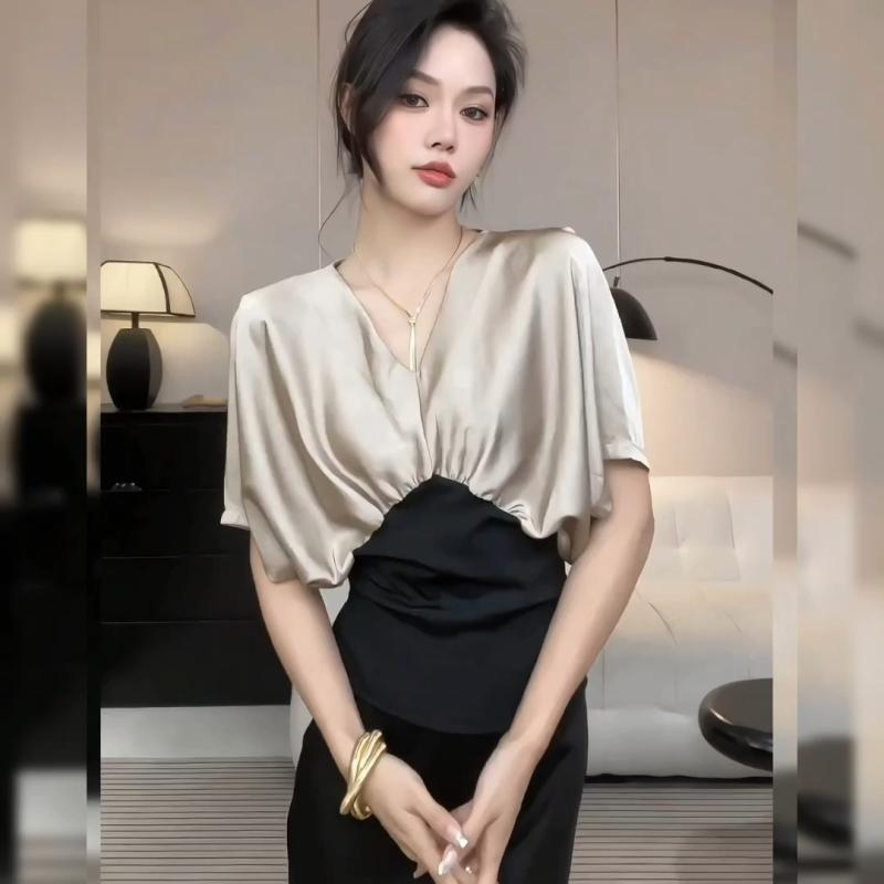 Vintage Fashion Trends - V Neck Contrast Patchwork Pleated Elegant