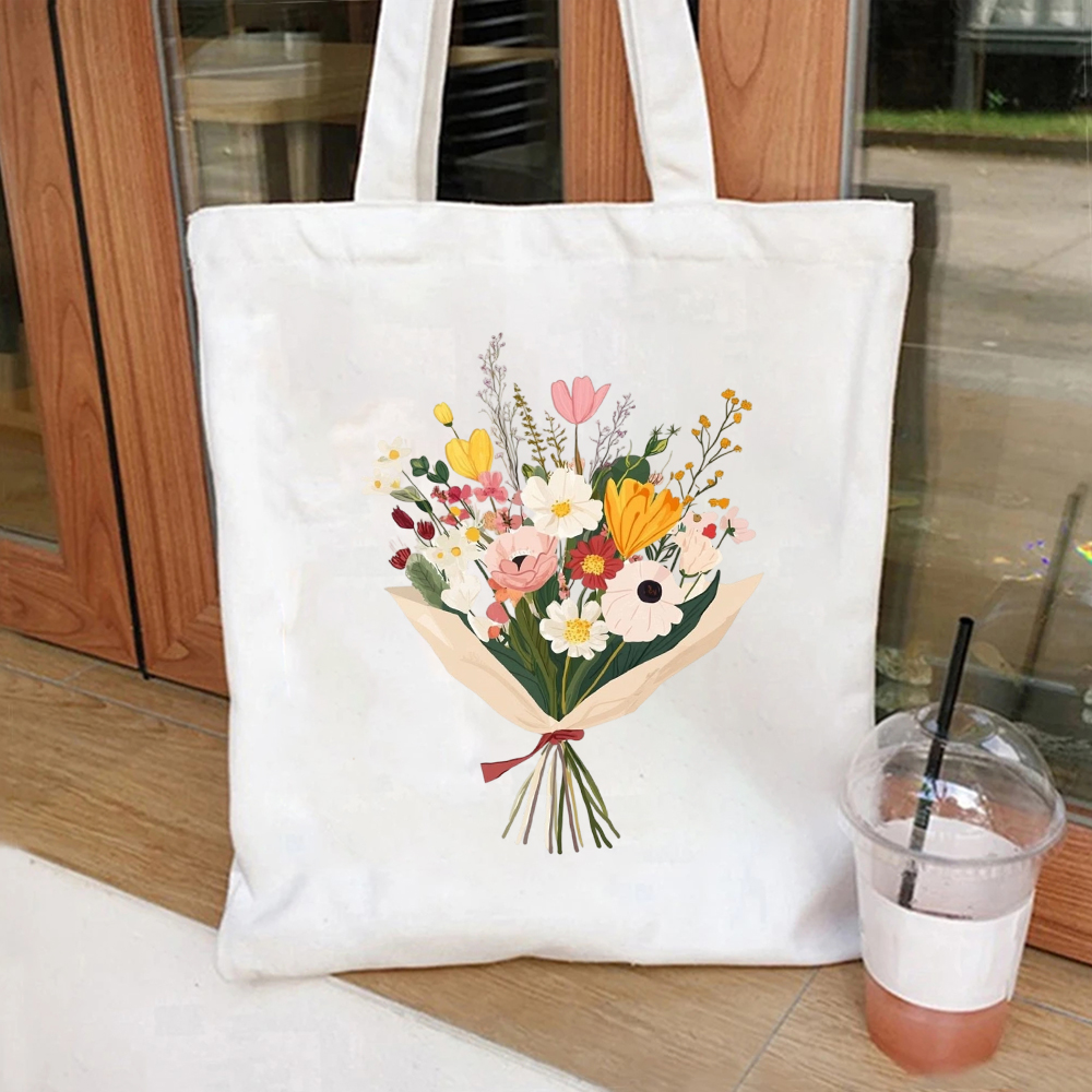 Vintage Fashion Library - Vintage Wildflower Bouquet Print Canvas Tote