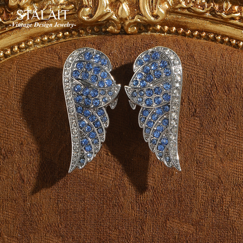 Vintage Fashion Jewelry Brands - Vintage Angel Wing Blue Earrings Rhinestone