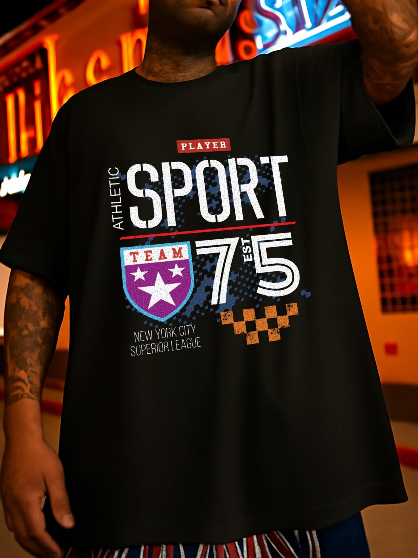Sporty Men's Black Graphic T-S - Vintage Fashion York avis et prix